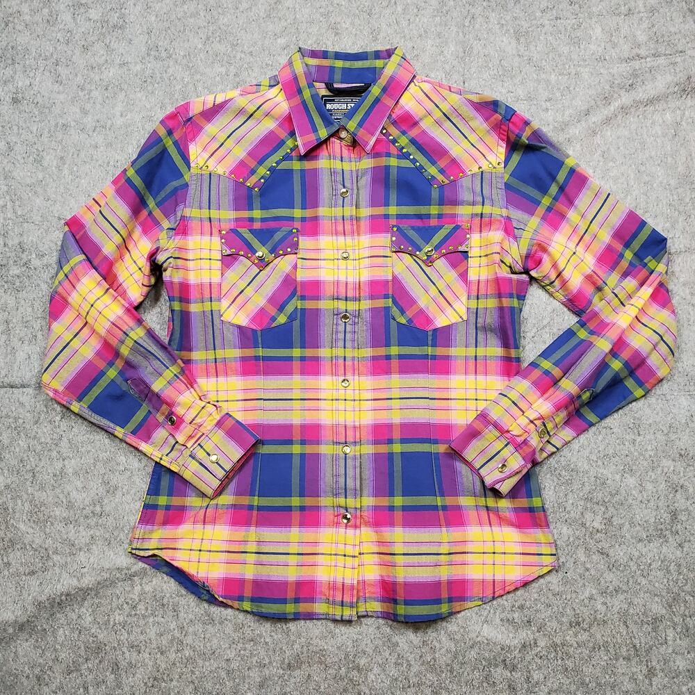Panhandle Slim Shirt Womens Medium Rough Stock Plaid USA Rhinestone Snap Western